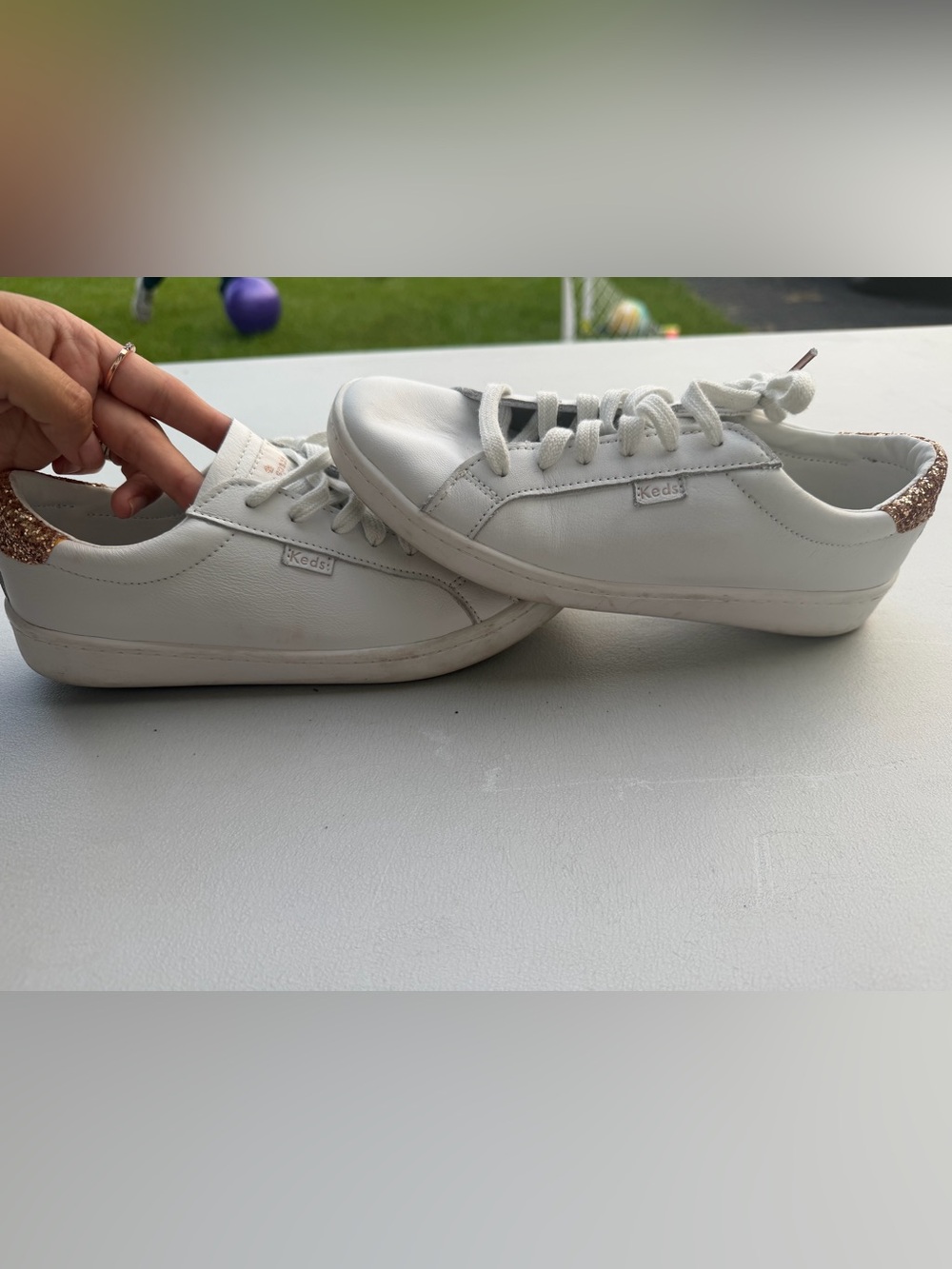 Keds kate spade Women's White Leather Sneakers with Rose Gold Heel Accent